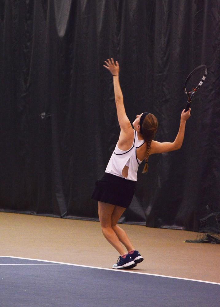 GVL/Hannah Zajac-- Rachel Sumner serving the ball for her match against Lake Superior State on 7 Oct 2017.