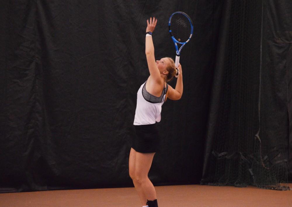 GVL/Hannah Zajac-- Madison Ballard serves up a strong start to thier match on 7 Oct 2017