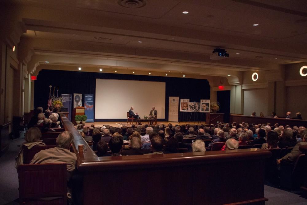 GVL / Dylan McIntyre. Hank Meijer and Gleaves Whitney speaking together at the Loosemore Auditorium about the Hauenstein Center for Presidential Studies on Thursday, Nov. 2, 2017.