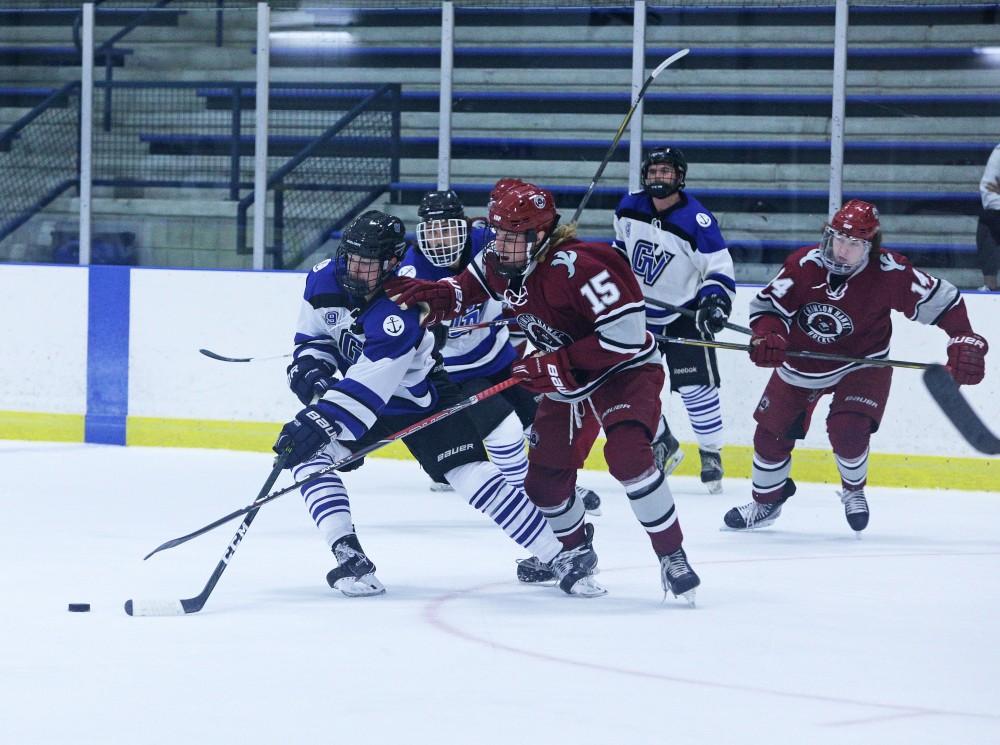 GVL / Emily Frye
Evan Newel fights to keep the puck during the game against Indiana University of Pennsilvania on Friday September 22, 2017.