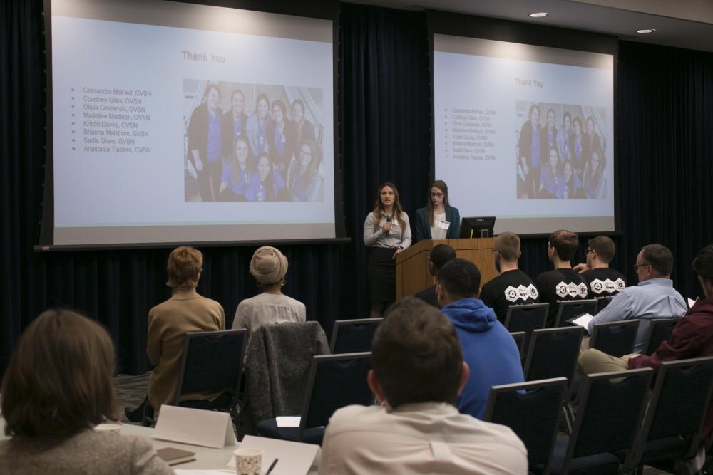 GVL/Hannah Zajac-- Brianna Malstrom & Anastasia Tjapkes answer judges questions after presentation for the Laker Effect Challenge on Thursday 30th Nov 2017. 