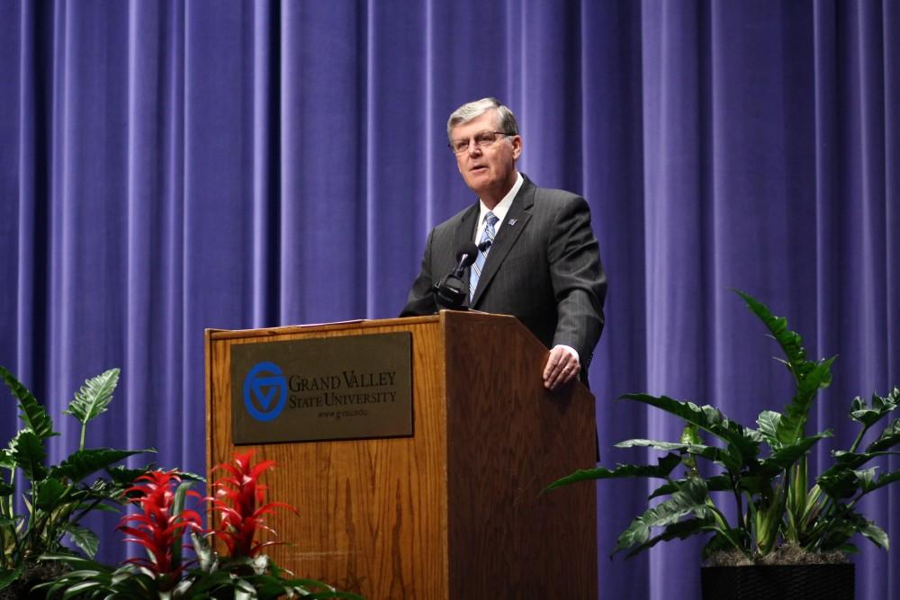 Grand Valley State University President Thomas Haas announced his impending retirement Wednesday, Feb. 28, to an audience of GVSU administrators, faculty, staff and students. GVL / Sheila Babbitt