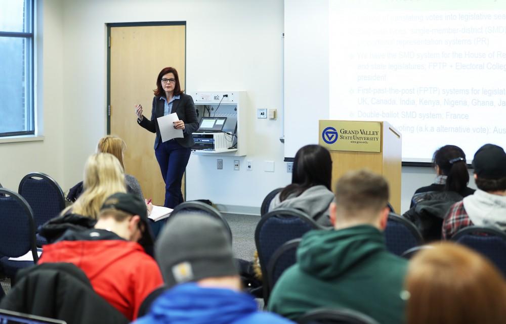 GVL/Kevin Sielaff - Heather Tafel, associate professor of political science at GVSU, presents during Grand Valleys first Democracy: 101 event inside the Kirkhof Center on Wednesday, Feb. 15, 2017. 
