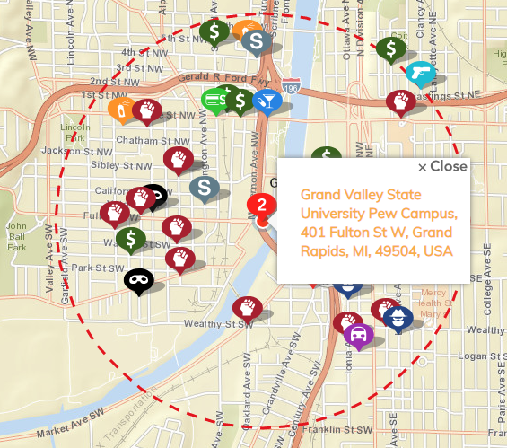 Map of crime incidents reported within a mile radius of Grand Valley's Pew campus.  Courtesy / GRPD Crime Mapping
