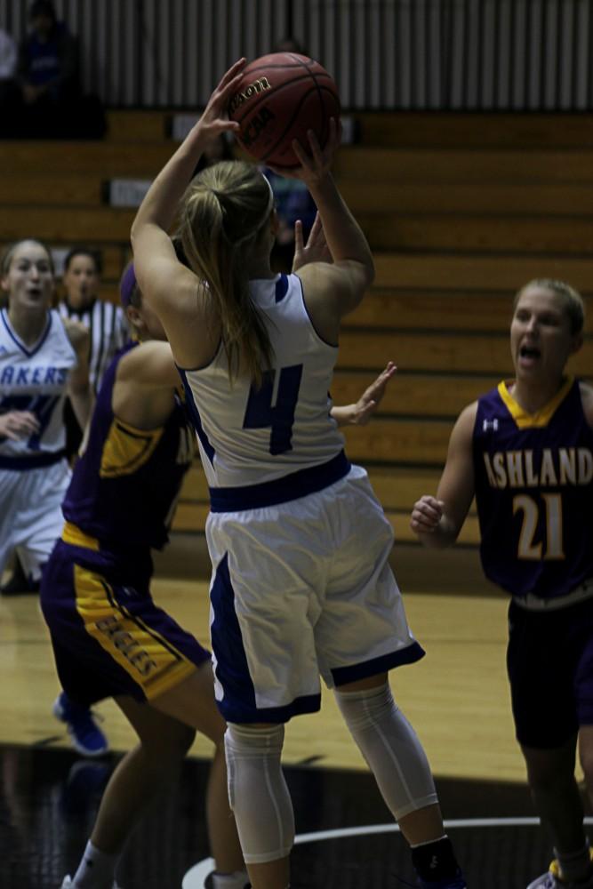 Jenn DeBoer fades away for one of her many buckets against Ashland on Dec. 6 at GVSUs Fieldhouse Arena. 
Dan Pacheco / GVL
