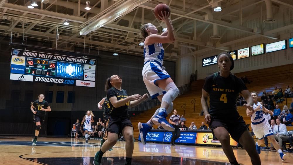 Maddie Dailey soars for a layup against Wayne State in the GLIAC quarterfinal on March 5, 2019. 

GVL / Ben Hunt