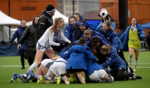 The GVSU Soccer team celebrate following their 2OT victory against Western Wash. //COURTESY: gvsulakers.com