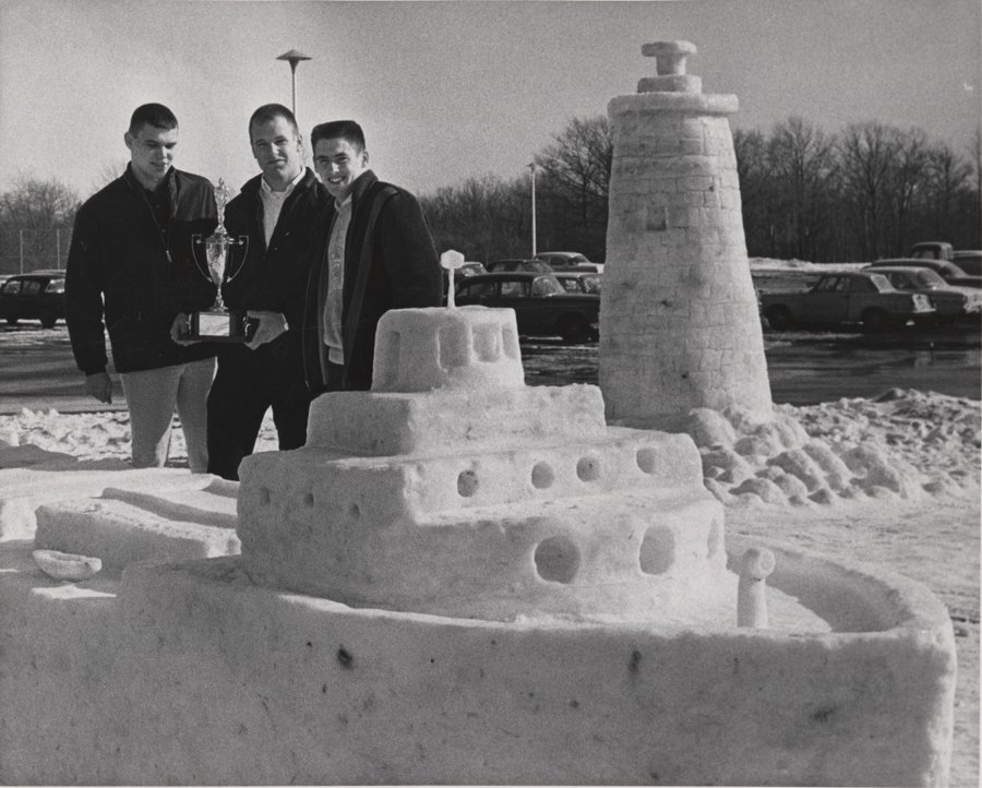 The winners of a snow sculpture contest from a 1960s Winter Carnival at Grand Valley (Courtesy GVSU Archives)