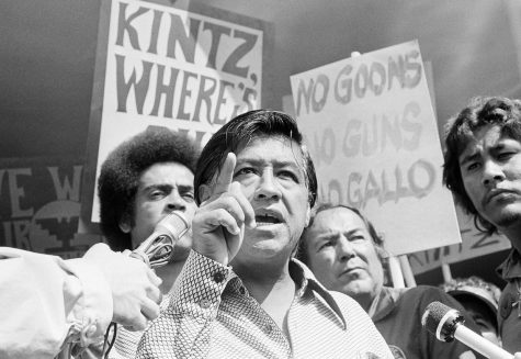 The labor leader drew influence from the nonviolent tactics of Martin Luther King Jr. and Mahatma Gandhi, organizing picket strikes and boycotts. (Courtesy Associated Press)