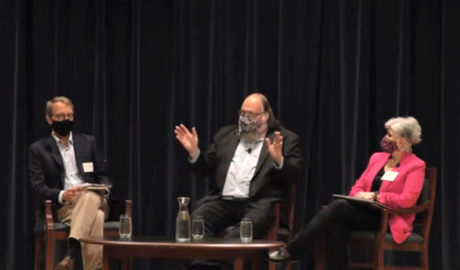 Darren Wahlof, chair of Grand Valleys political science department, left. led the panel discussion between Ethan Zuckerman, center, and Linda Chavez, right. (Courtesy / Hauenstein Center)